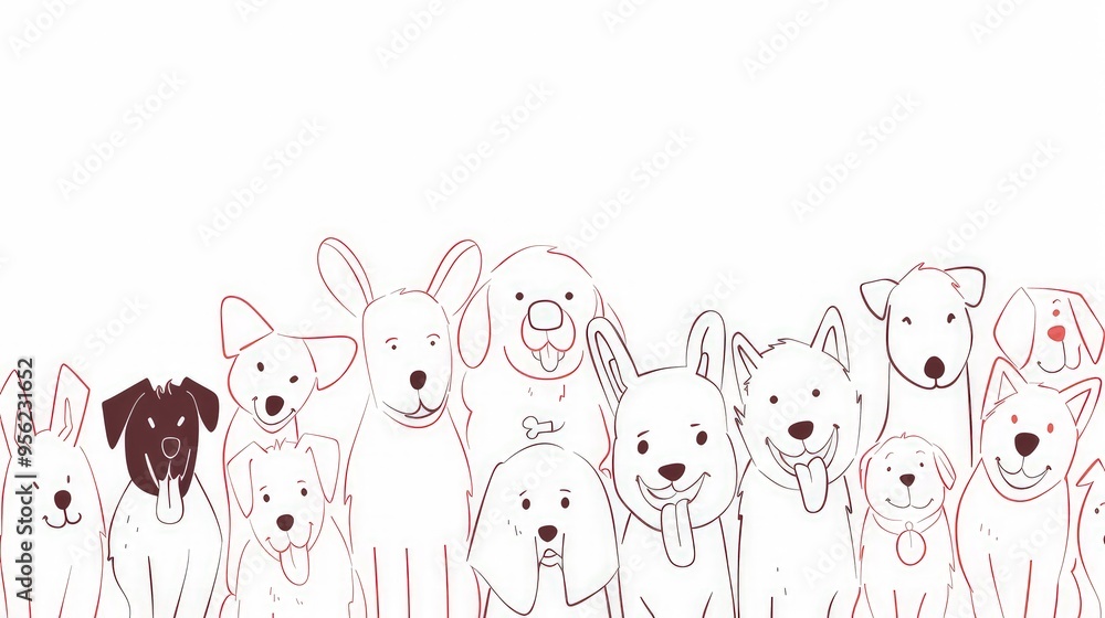 Obraz premium A minimalistic line art of a group of happy dogs of various breeds, each drawn with simple strokes and joyful expressions, on a white background.