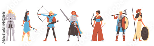 Vector set of female warrior characters with includes Greek Amazon archers, Indian hunters and Scandinavian warriors in armor