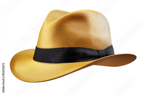 Panama hat style straw hat with black ribbon for head protection.