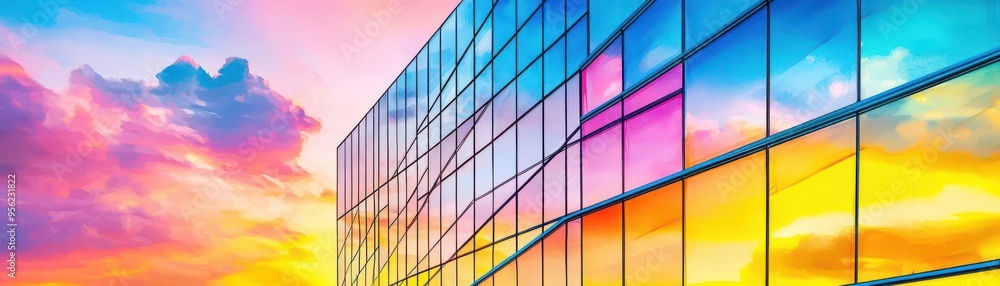 Modern skyscraper, vibrant sunset reflecting on glass, sharp contrasts, Watercolor style Modern skyscraper, vibrant sunset reflecting on glass, sharp contrasts, Watercolor style