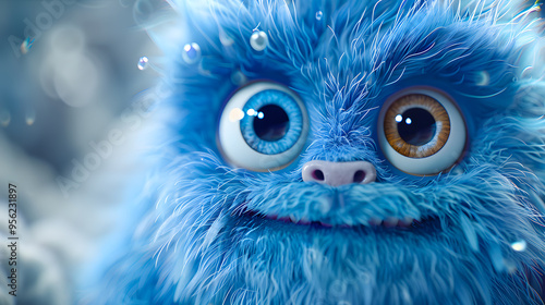 Cute blue furry monster 3D cartoon character 