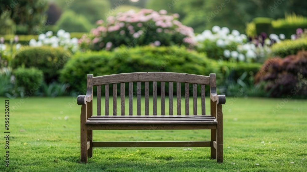 Tranquil Wooden Bench Amidst a Vibrant Flower-Filled Meadow, inviting relaxation in a serene natural setting, surrounded by lush greenery and colorful blooms. Tranquil Wooden Bench Amidst a Vibrant Flower-Filled Meadow, inviting relaxation in a serene natural setting, surrounded by lush greenery and colorful blooms.