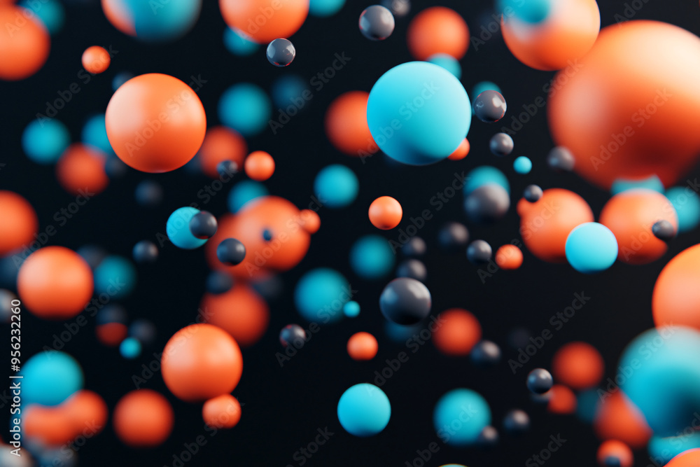 Vibrant spheres of blue, orange, and black float against a dark background, creating a dynamic and colorful visual experience. Vibrant spheres of blue, orange, and black float against a dark background, creating a dynamic and colorful visual experience.