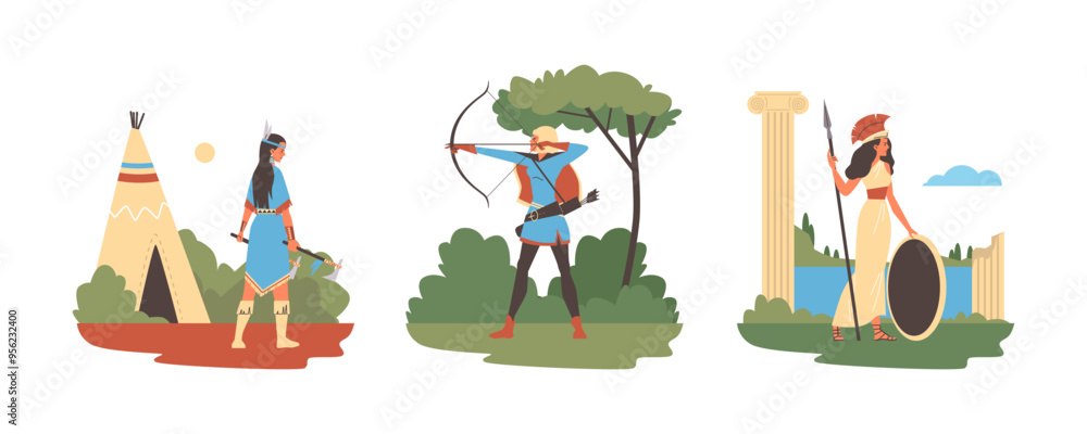 Native American Indian warrior woman with axes, Amazon archer soldier ...