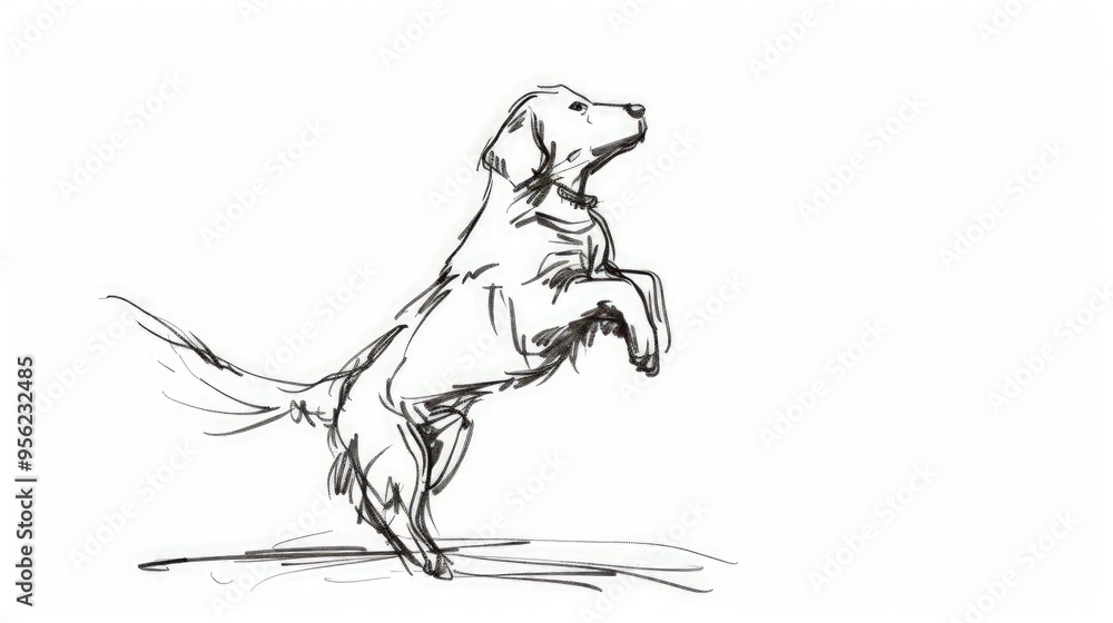 A minimalistic sketch of a dog with a wagging tail and a jumping pose, captured in a simplistic black ink line on a stark white background. A minimalistic sketch of a dog with a wagging tail and a jumping pose, captured in a simplistic black ink line on a stark white background.