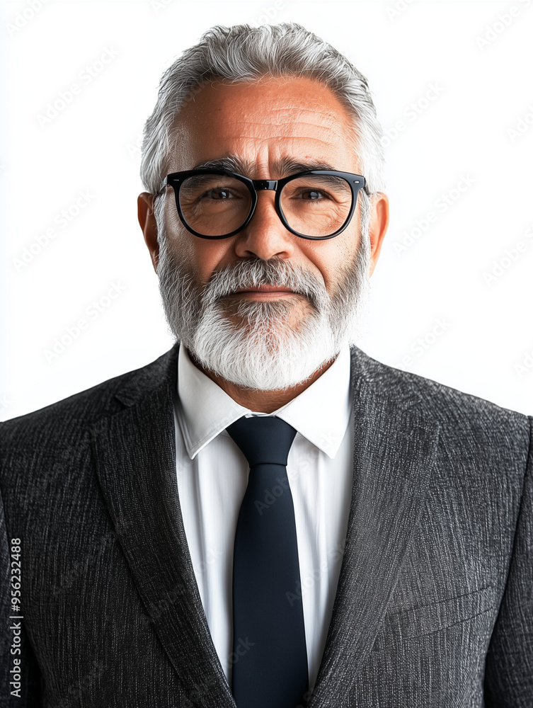 A senior Hispanic man with a gray beard, wearing glasses and a suit, isolated on a white background A senior Hispanic man with a gray beard, wearing glasses and a suit, isolated on a white background