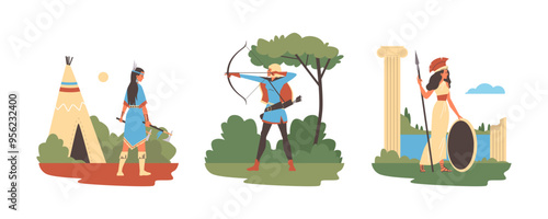 Native American Indian warrior woman with axes, Amazon archer soldier, Spartan fighter with spear vector cartoon set