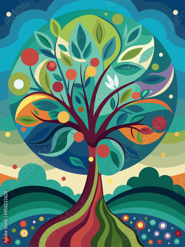 Abstract Illustration of a Tree with Colorful Leaves and Fruit