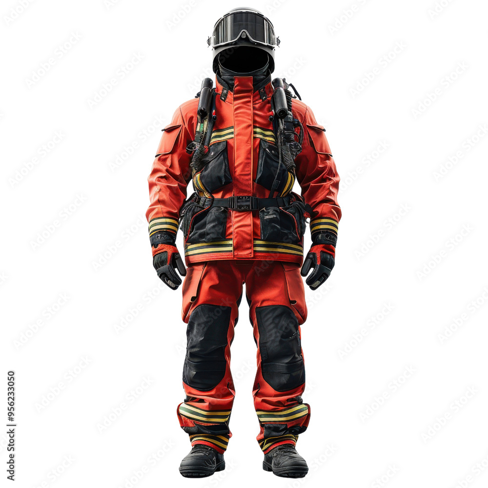 A professional firefighter in a bright red suit, ready for action, showcasing high-tech gear and safety equipment. A professional firefighter in a bright red suit, ready for action, showcasing high-tech gear and safety equipment.