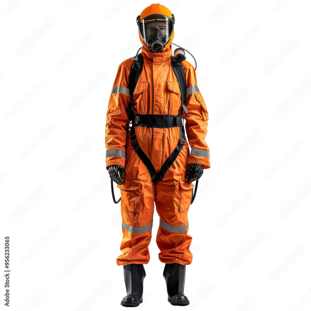 A professional wearing an orange protective suit, designed for hazardous environments and safety operations. A professional wearing an orange protective suit, designed for hazardous environments and safety operations.