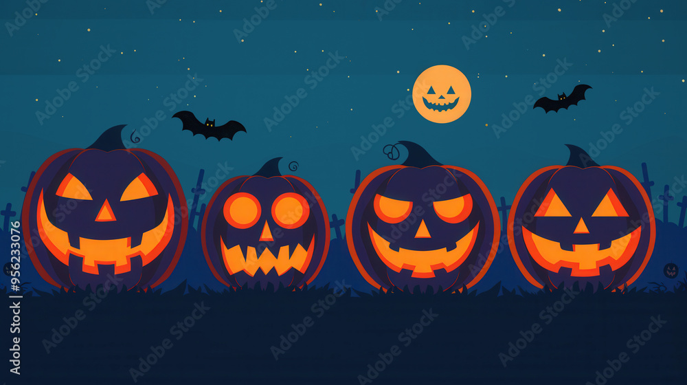 Eerie Jack-o'-lanterns, glowing faces in the dark, vibrant flat design, perfect for Halloween themes, creating a spooky, festive atmosphere, captivating and fun. Eerie Jack-o'-lanterns, glowing faces in the dark, vibrant flat design, perfect for Halloween themes, creating a spooky, festive atmosphere, captivating and fun.