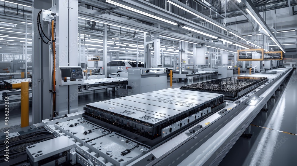 Fototapeta premium A modern assembly line where battery cells for electric vehicles are being cooled and conditioned post-assembly, featuring state-of-the-art cooling systems.