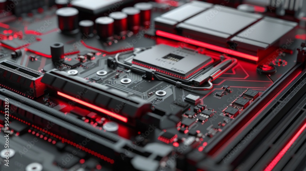 A computer motherboard with a red glowing processor A computer motherboard with a red glowing processor