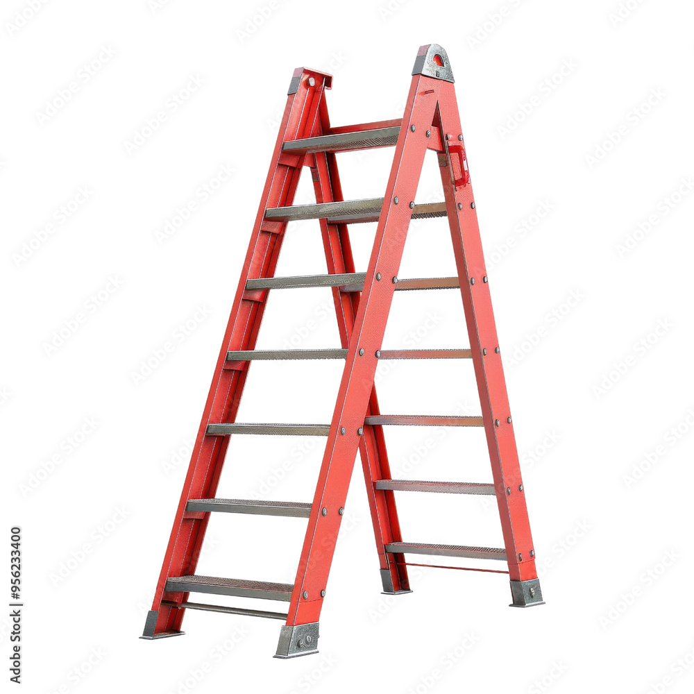 A sturdy red ladder designed for safe and efficient access to elevated areas, perfect for home improvement and construction projects. A sturdy red ladder designed for safe and efficient access to elevated areas, perfect for home improvement and construction projects.