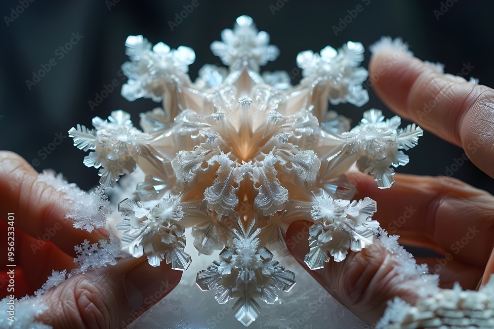 A delicate, hyperrealistic snowflake held gently between two hands, showcasing intricate crystalline details and a shimmering opalescent quality. A delicate, hyperrealistic snowflake held gently between two hands, showcasing intricate crystalline details and a shimmering opalescent quality.