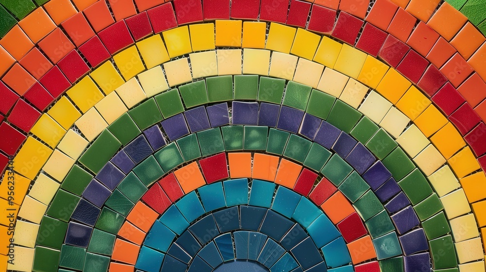 Obraz premium Vibrant Rainbow Mosaic, a colorful array of intricately designed tiles, featuring a kaleidoscope of hues that create a stunning visual tapestry, perfect for artistic inspiration.