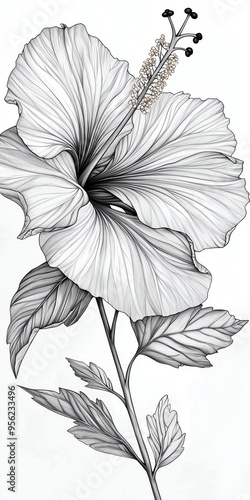 Wallpaper Mural Delicate line drawing of a single hibiscus flower with leaves. Torontodigital.ca
