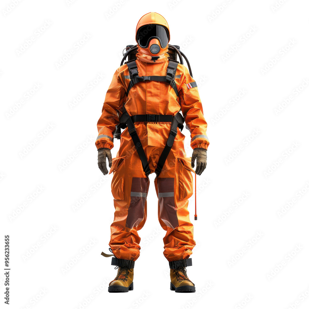 An orange protective suit designed for hazardous environments, featuring a gas mask and safety gear for ultimate protection. An orange protective suit designed for hazardous environments, featuring a gas mask and safety gear for ultimate protection.