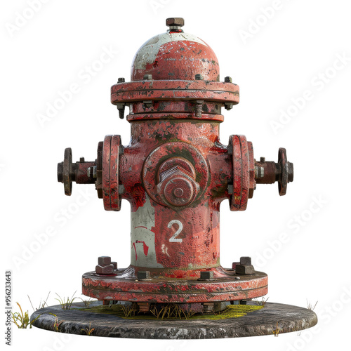 A weathered red fire hydrant stands on a grassy patch, showcasing its rustic charm and urban utility.