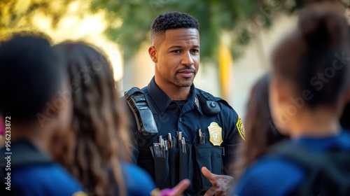 Police officer advising a group of teenagers about the dangers of drugs, showing their commitment to youth outreach.