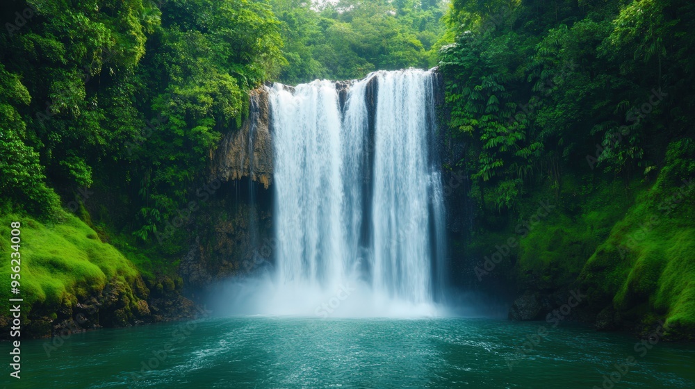 Obraz premium Tropical Oasis Waterfall, a vibrant summer scene featuring a cascading waterfall surrounded by lush greenery, illuminated by sunlight, offering a refreshing atmosphere with space for text.