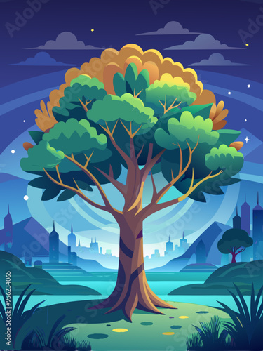Nighttime Scene with a Large Tree and a City Skyline in the Distance