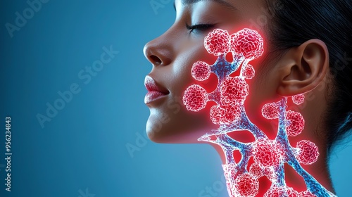 Digital of a woman's profile with a focus on lymphatic system anatomy, highlighting lymph nodes in her face and neck area.