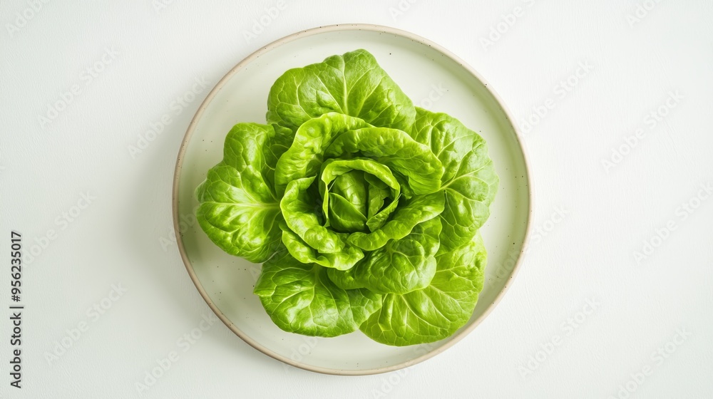 An image taken from directly above showing a whole head of lettuce that is freshly picked and organic. Served on a flat plate by itself and isolated on a white background. An image taken from directly above showing a whole head of lettuce that is freshly picked and organic. Served on a flat plate by itself and isolated on a white background.
