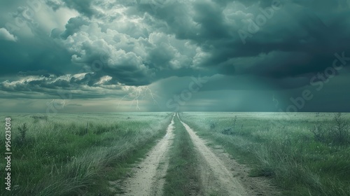 A stormy sky with a road in the middle of a field