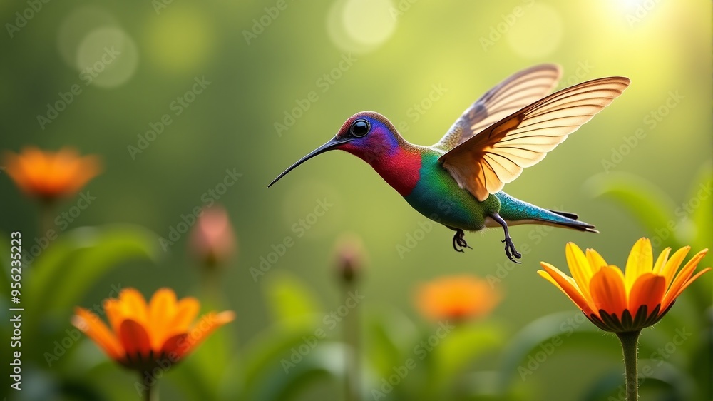Fototapeta premium a colorful hummingbird is flying in front of some flowers.