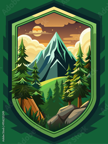Mountain Landscape With Pine Trees In A Green Shield