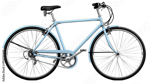 Light blue bicycle with black tires and a black seat isolated on a transparent background