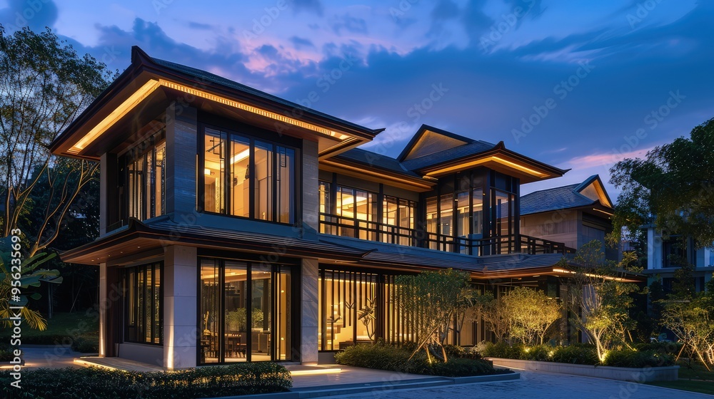 A modern villa blending traditional Asian architectural elements with contemporary design, illuminated beautifully under the evening sky. A modern villa blending traditional Asian architectural elements with contemporary design, illuminated beautifully under the evening sky.