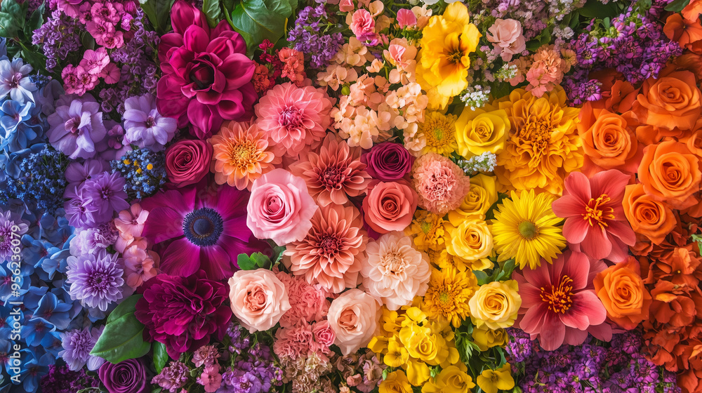 A vibrant, close-up shot of a diverse array of flowers in full bloom, arranged in a rainbow gradient. The image should exude beauty, color, and the diversity of nature A vibrant, close-up shot of a diverse array of flowers in full bloom, arranged in a rainbow gradient. The image should exude beauty, color, and the diversity of nature