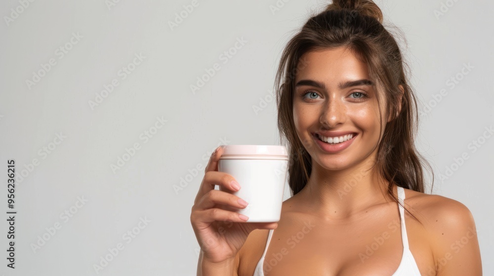 woman holding blank bottle mockup against clean studio background for wellness marketing, health supplement product presentation woman holding blank bottle mockup against clean studio background for wellness marketing, health supplement product presentation