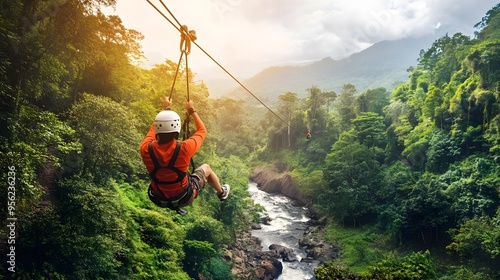 Tourists engaging in adventure activities like zip-lining through a rainforest, mountain climbing, or white-water rafting