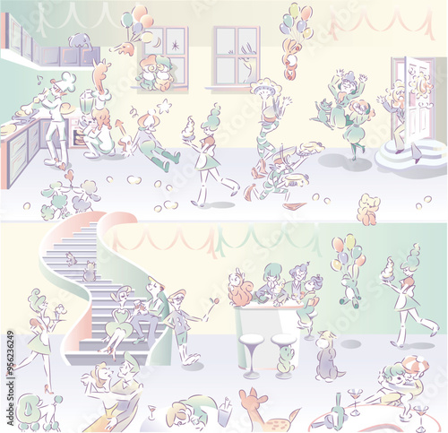 Vector illustrations of people and pets enjoying a home party. Pie throwing game, lovers talking to each other, cooks baking pies, bartender making cocktails at the bar counter. party00