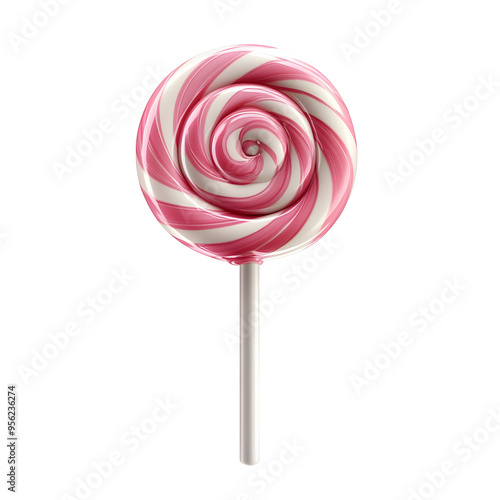 Pink and White Swirled Lollipop on a Stick, Isolated on a Transparent Background.