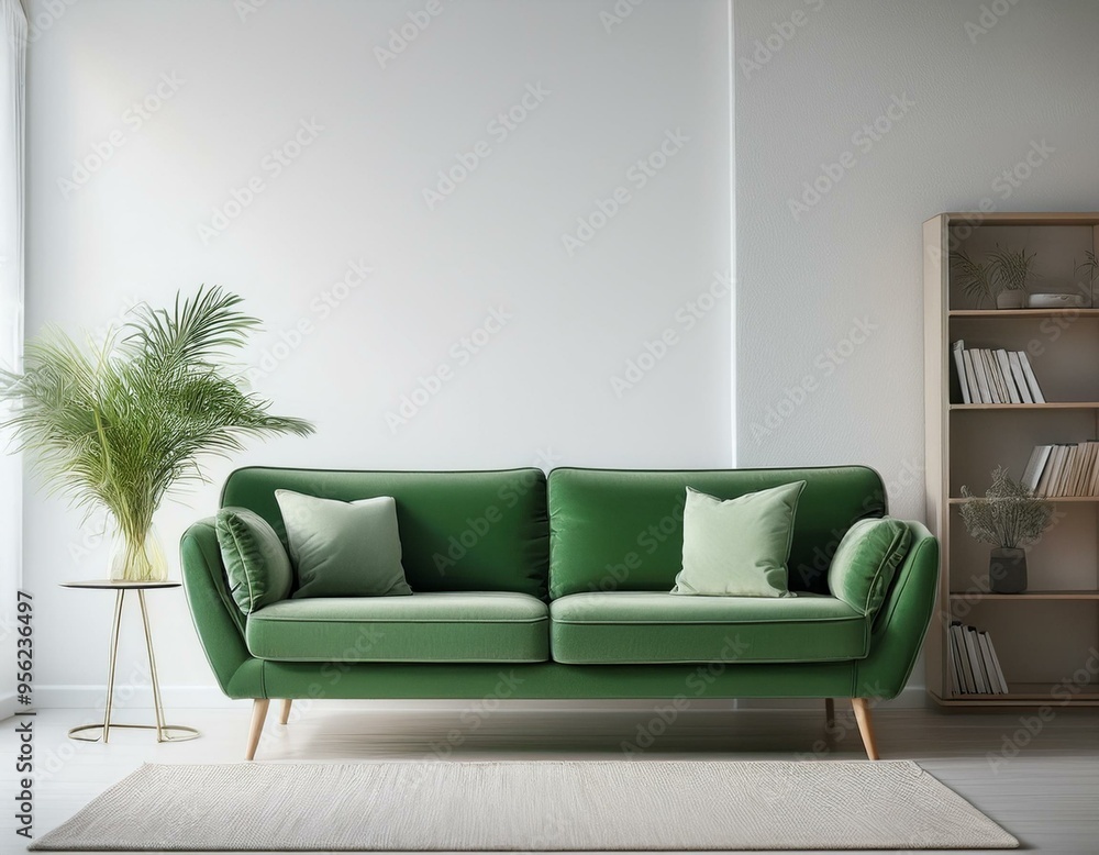 White room with green sofa. Scandinavian interior design. 3D illustration White room with green sofa. Scandinavian interior design. 3D illustration