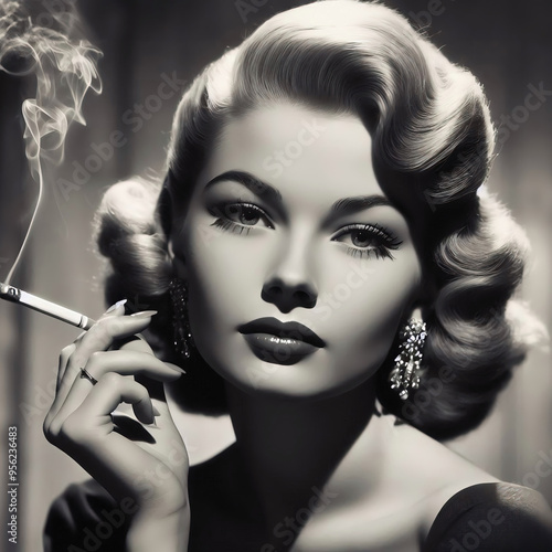 portrait of a woman smoking a cigarette retro vintage mono black and white	