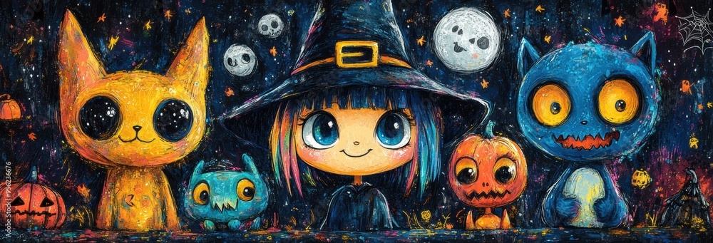 Fun Halloween Background with Happy Witches, Smiling Bats, and Playful Monsters in Colorful Doodle Style Fun Halloween Background with Happy Witches, Smiling Bats, and Playful Monsters in Colorful Doodle Style