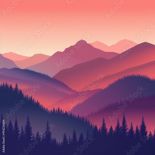 Silhouetted Trees on a Hillside with a Pink and Purple Gradient Sky