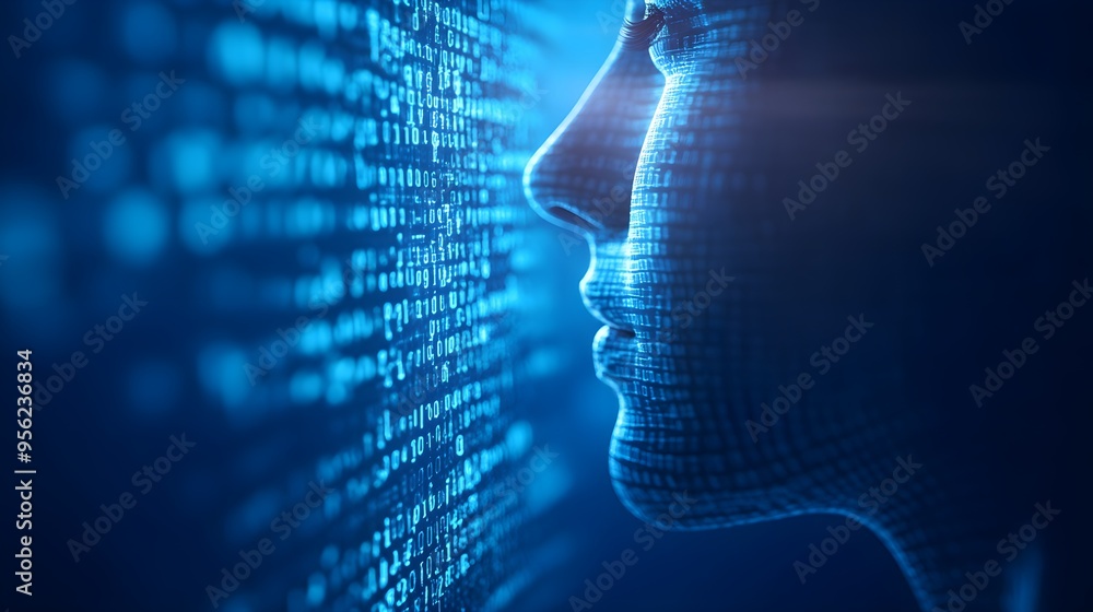 Obraz premium A human face with transparent digital text overlay, showcasing speech converting into binary code, symbolizing speech-to-text technology, futuristic style