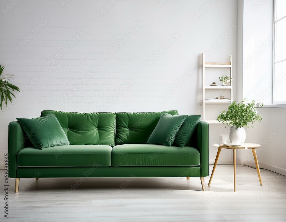 White room with green sofa. Scandinavian interior design. 3D illustration White room with green sofa. Scandinavian interior design. 3D illustration