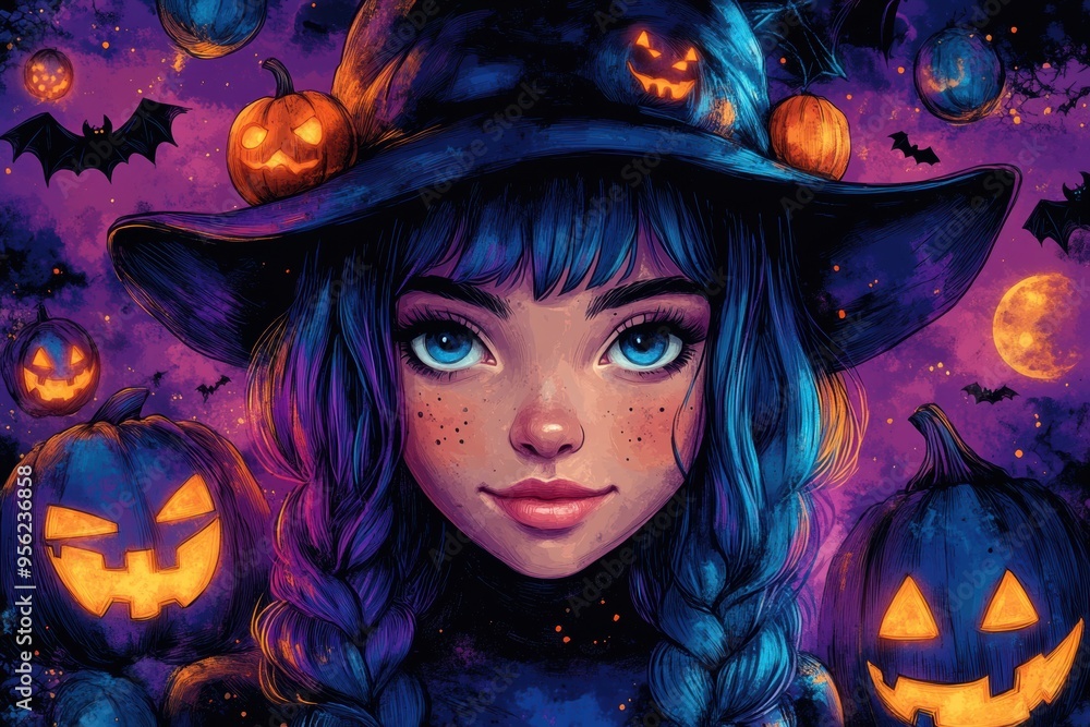 Fun Halloween Background with Happy Witches, Smiling Bats, and Playful Monsters in Colorful Doodle Style