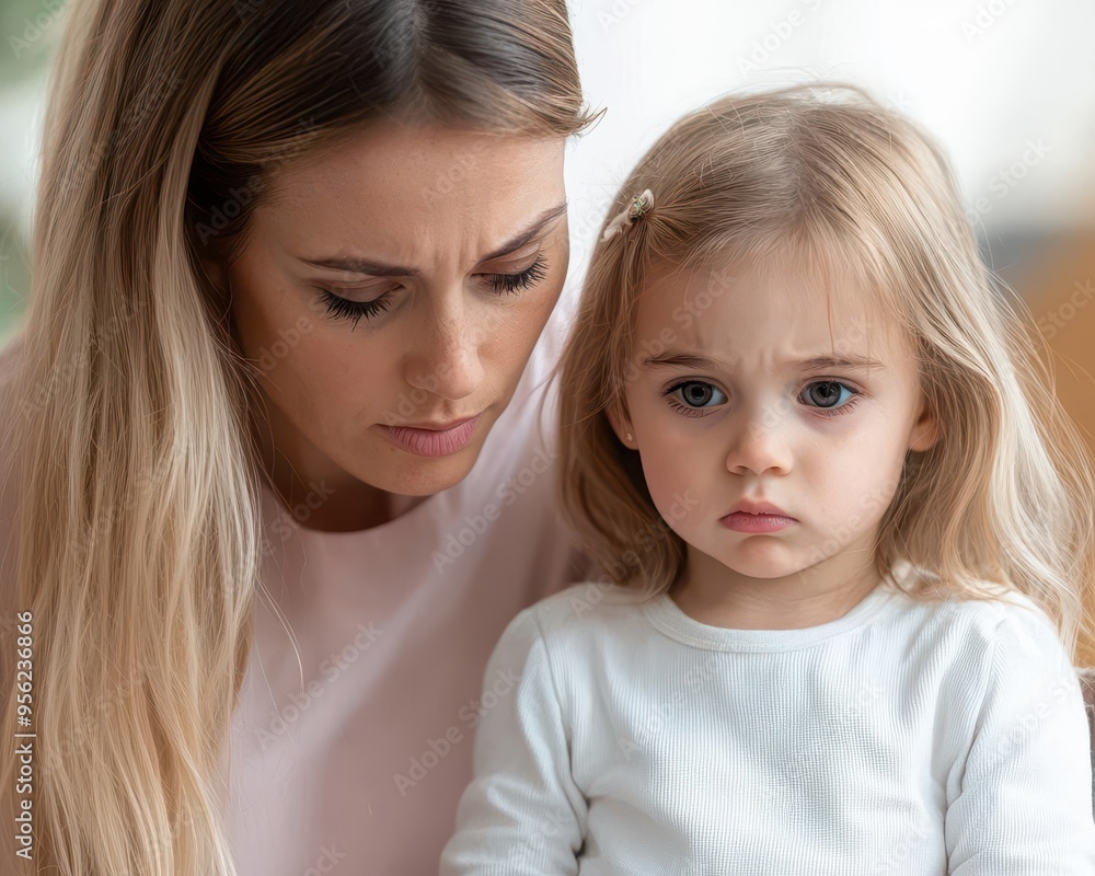 Mother checking her sad little girl's temperature, both looking concerned, health problems and child care Mother checking her sad little girl's temperature, both looking concerned, health problems and child care