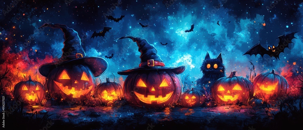 Fun Halloween Background with Happy Witches, Smiling Bats, and Playful Monsters in Colorful Doodle Style Fun Halloween Background with Happy Witches, Smiling Bats, and Playful Monsters in Colorful Doodle Style