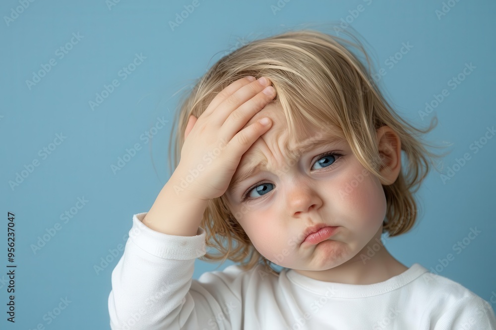 Little child feeling unwell, holding hand on forehead with a pained expression, health problems visualization. Little child feeling unwell, holding hand on forehead with a pained expression, health problems visualization.