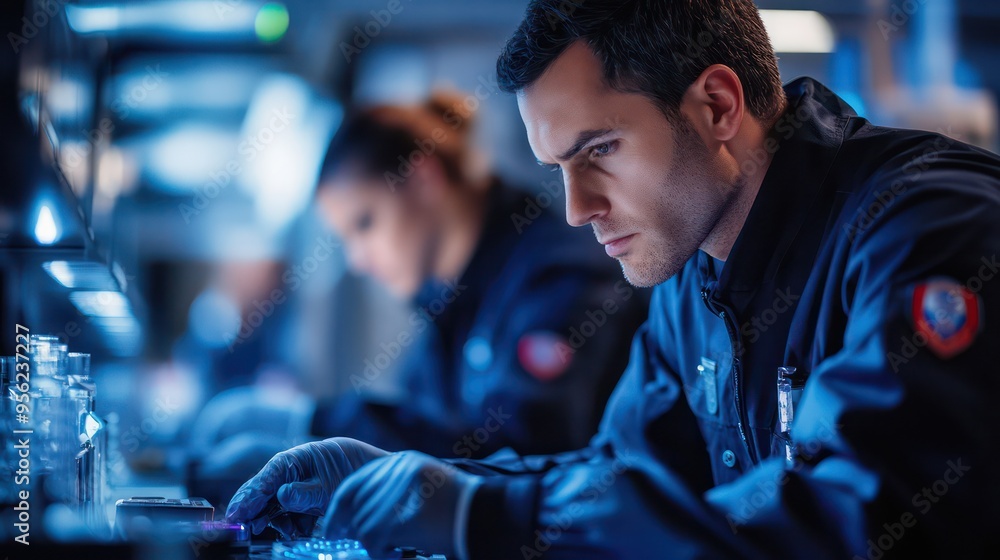 Police officers using high-tech equipment in a crime lab, demonstrating their reliance on technology for solving crimes. Police officers using high-tech equipment in a crime lab, demonstrating their reliance on technology for solving crimes.