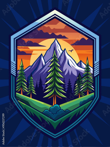 Mountainous Landscape with Sunset and Pine Trees